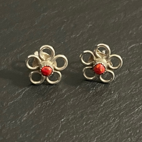 Handmade Sterling Silver Red Fire Opal Post Earrings - Picture 8 of 9